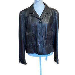 Carlisle Black Leather Jacket Whipstitch Chain Detail~Womens Size 12 / 14